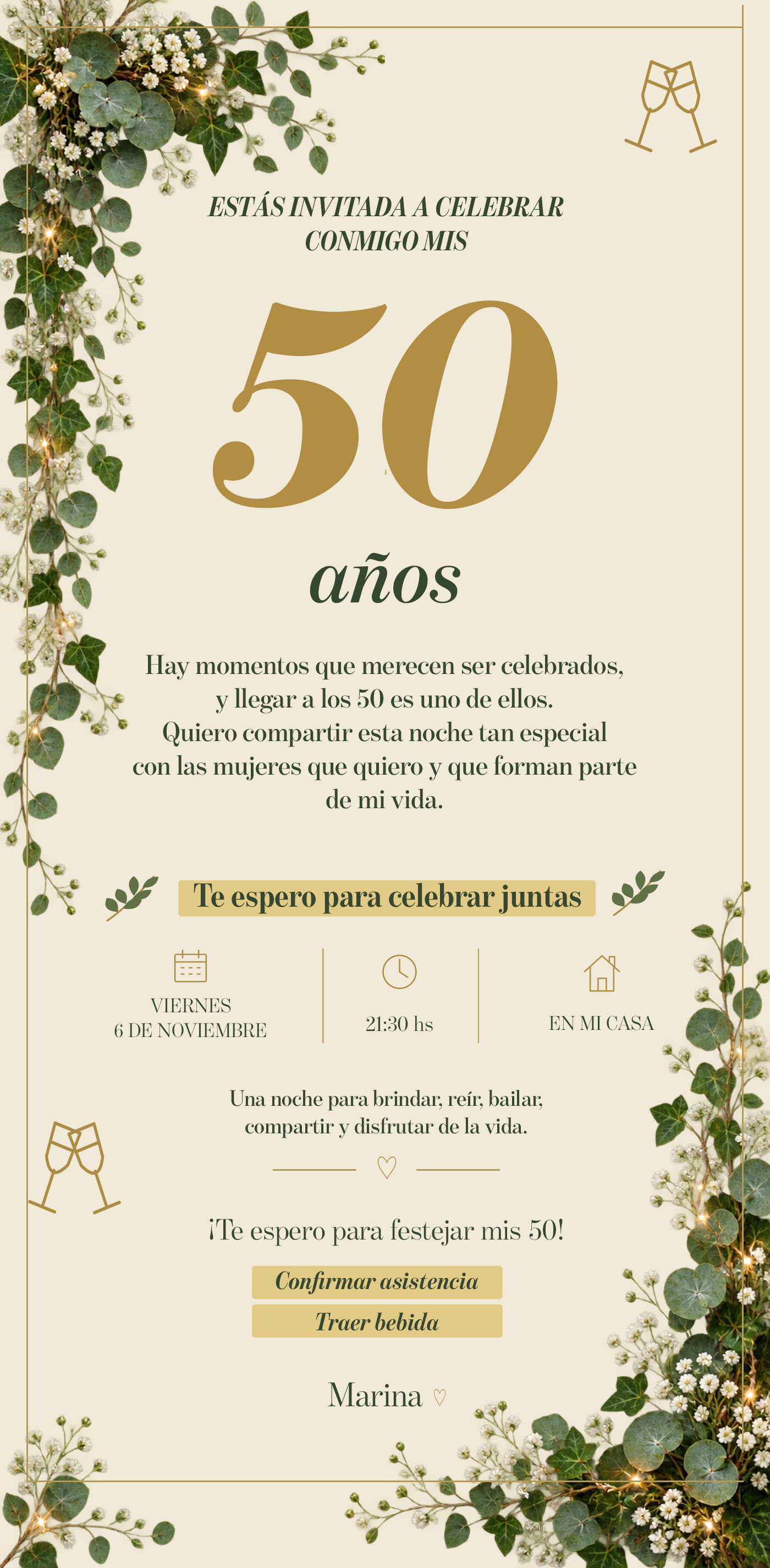 Marina te invita a celebrar sus 50 años, viernes 6 de noviembre a las 21:30.
